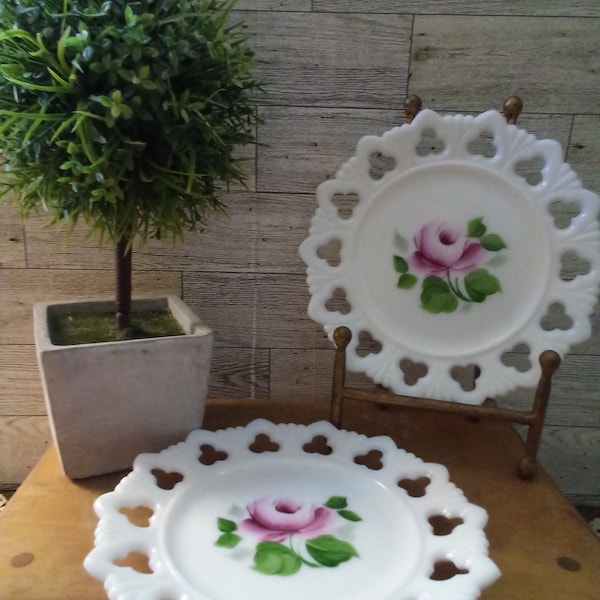 Set of 2 Vintage Milk Glass Hand painted plates with Lace edges, Shabby chic, Cottage core, Wall decor, Bedroom Decor,Floral