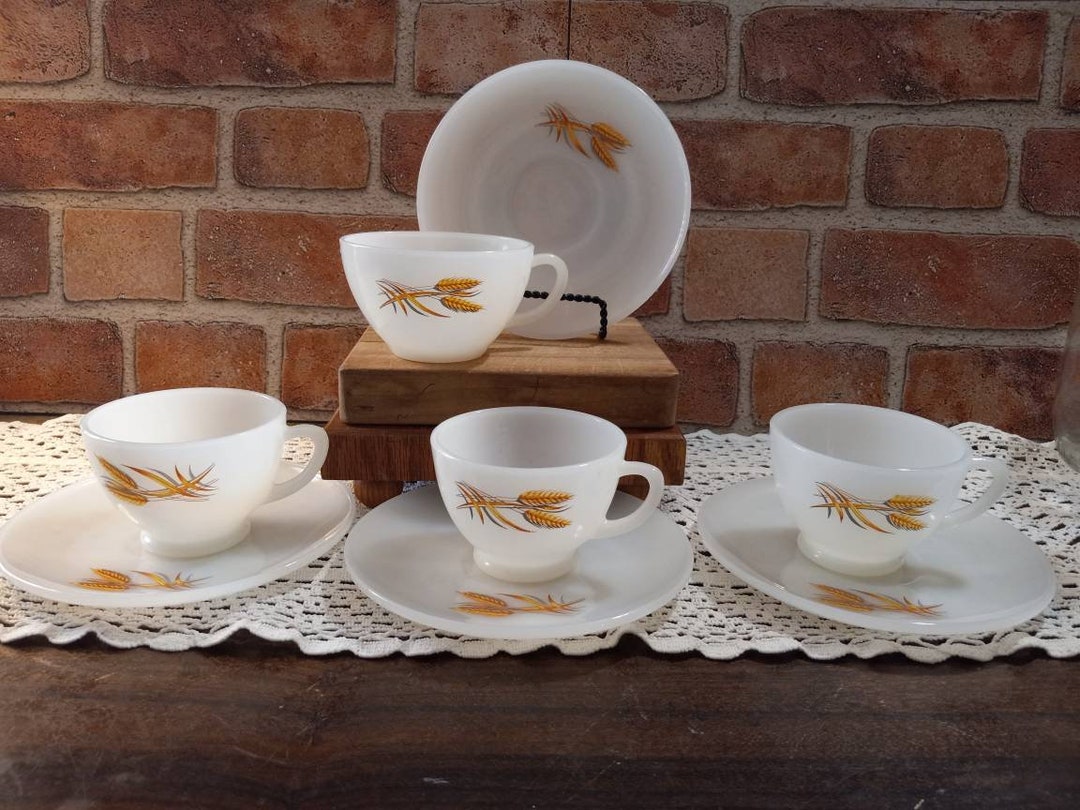 Set of Vintage Milk Glass Wheat Pattern Tea Cups and Saucers