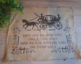 Vntg. May Joy Be With You Cross Stitch, Shabby chic, Cottage core, Handmade, Hand sewn, Vintage Linens, Needlepoint