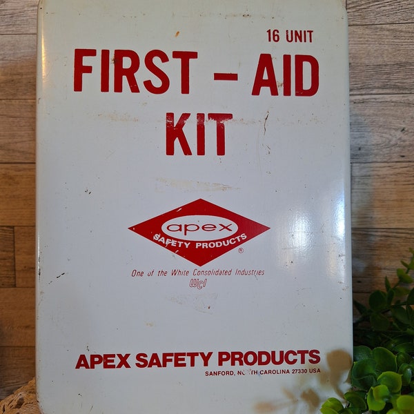 Vntg. Apex Metal Hinged First Aid Box, Travel Case, Medical Decor, Camping Decor
