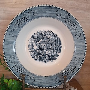 Vintg. Blue Currier & Ives Blue Transferware Serving Bowl, Log Cabin / Sugar shack, Farmhouse  Country, Cottage core