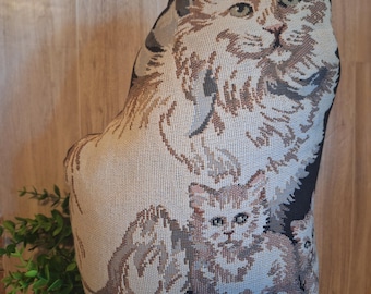 Vntg. Tapestry Cat with Kittens Weighted Pillow / Door Stop, Cottage core, Grandma Core, Vintage Gifts, Cat Decor, Throw Pillow