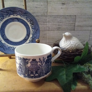 Vintg. Church Hill England Blue & White Transferware Teacup and saucer, Chinoiserie decor, Cottage core, French country decor, Blue Willow