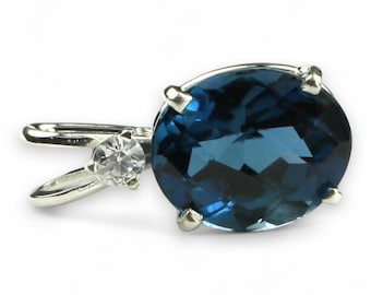 London Blue Topaz Sterling Silver Pendant, 10x8mm Oval Gemstone, CZ Accent