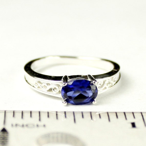 Created Blue Sapphire, 925 Sterling Silver Ladies Ring