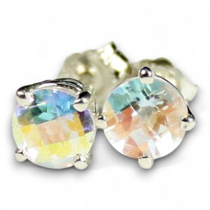 Mercury Mist Topaz Sterling Silver Earrings: Round 6mm Rainbow Sparkle (4-Prong Setting) SE012