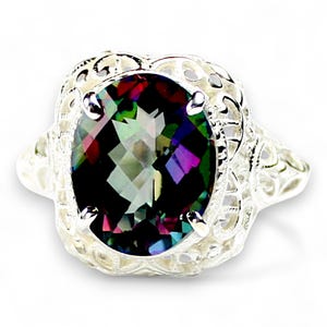 Mystic Fire Topaz, pierścionek damski w stylu antycznym ze srebra próby 925, filigranowy, SR009