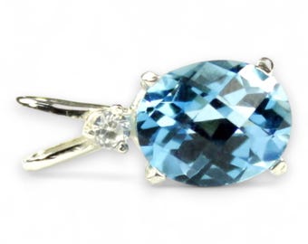 Swiss Blue Topaz Sterling Silver Pendant, Oval 10x8mm, Round Stone, CZ Accent (Gift) SP020