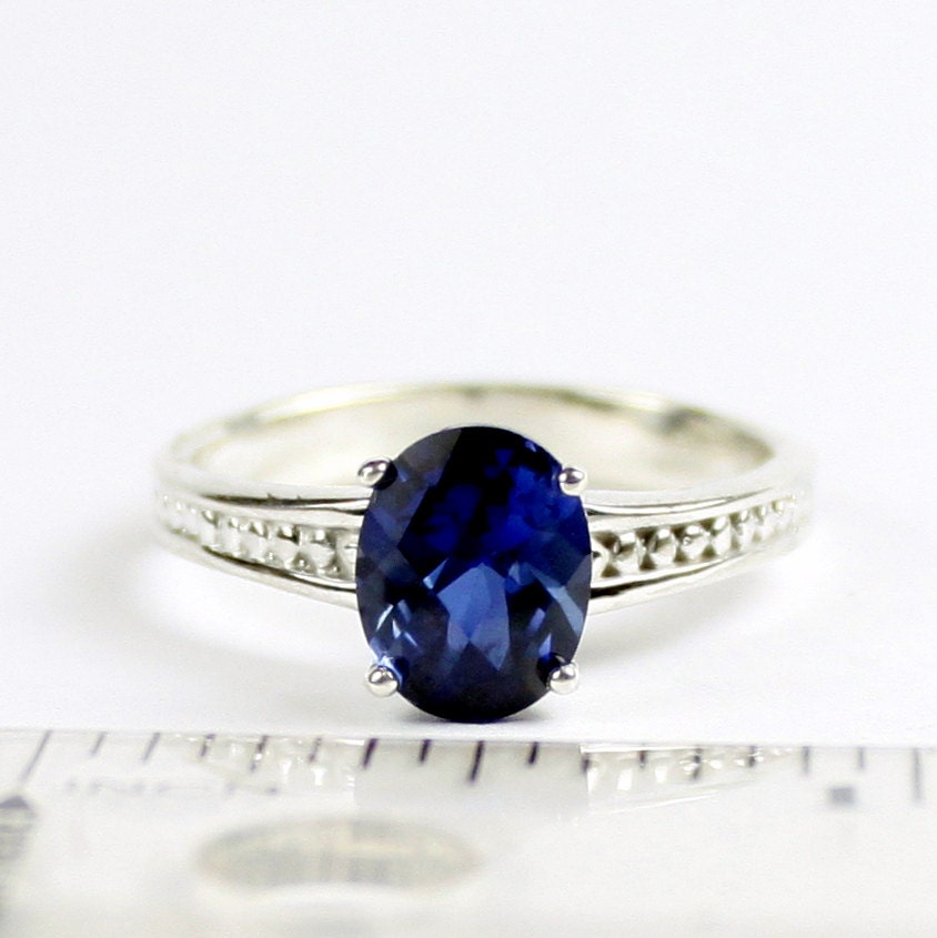 Created Blue Sapphire, 925 Sterling Silver Ladies Ring