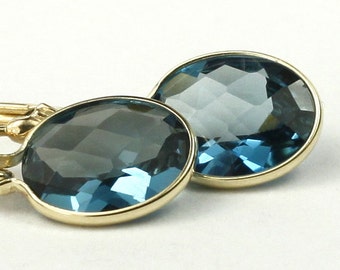 London Blue Topaz, 14KY Gold Leverback Earrings, E101