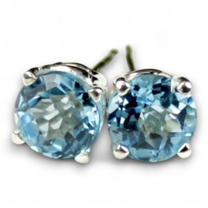 Swiss Blue Topaz Sterling Silver Post Earrings (Round 6mm Prong Set) SE012 image 1