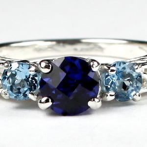 Created Blue Sapphire w/ Two 4mm Swiss Blue Topaz Accents, 925 Sterling Silver Engagement Ring, SR254