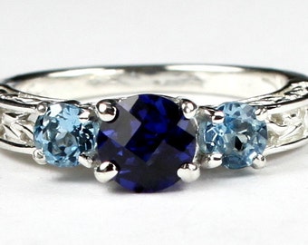 Created Blue Sapphire w/ Two 4mm Swiss Blue Topaz Accents, 925 Sterling Silver Engagement Ring, SR254