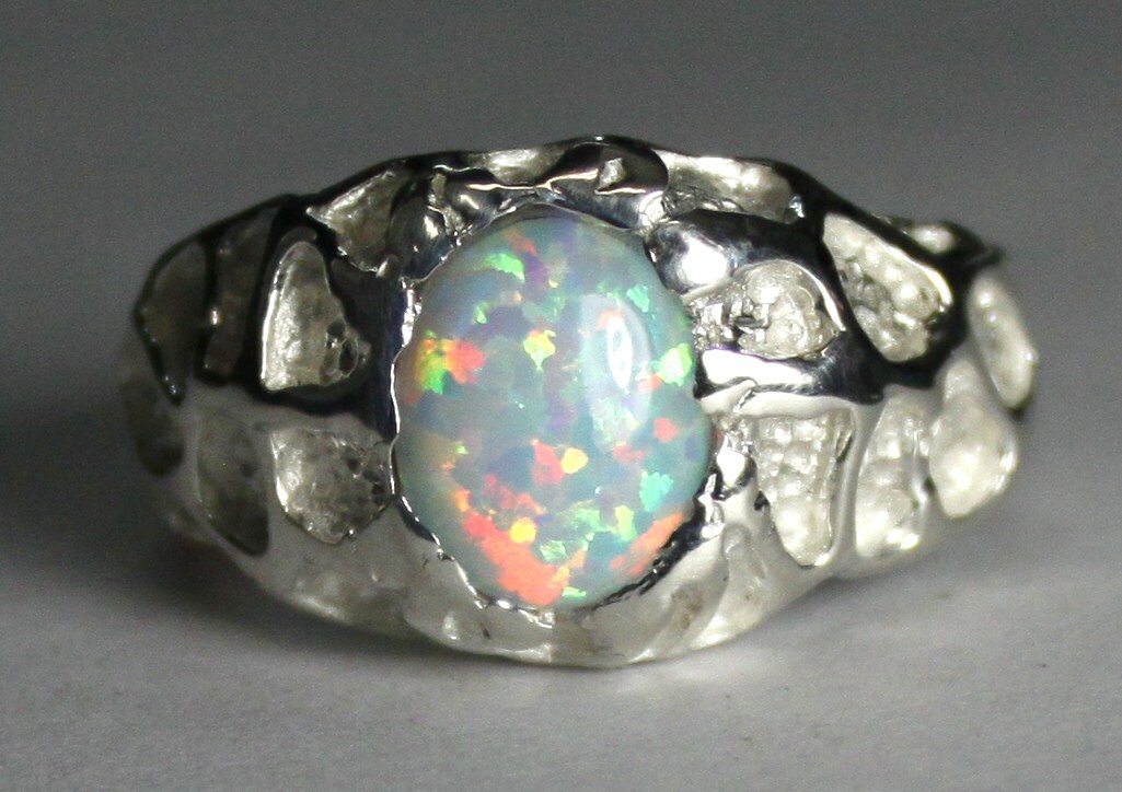 Created White Opal 925 Sterling Silver Men's Ring SR168