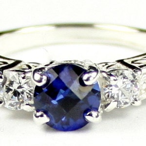 Created Blue Sapphire w/ Two 4mm CZ Accents, 925 Sterling Silver Engagement Ring, SR254