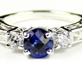 Created Blue Sapphire w/ Two 4mm CZ Accents, 925 Sterling Silver Engagement Ring, SR254