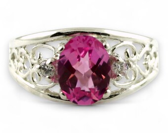 Sterling Silver Oval Pink Sapphire Ring with CZ Accents (8x6mm) SR306