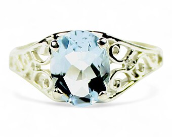 Sterling Silver Aquamarine Filigree Ring: Oval 9x7mm Blue Gemstone Statement Piece SR005