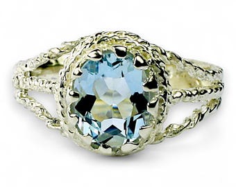 Aquamarine Sterling Silver Ring: Oval 9x7mm Rope Twist Shank, Anniversary Gift SR070