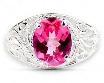 Pink Sapphire Ring, 925 Sterling Silver Oval 10x8mm Rope Twist Frame (Sizes 3-16) SR083