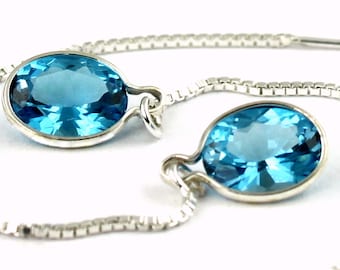 Swiss Blue Topaz, 925 Sterling Silver Threader Earrings, SE005