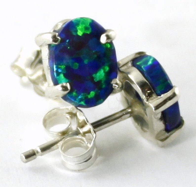 SE002C Created BlueGreen Opal 925 Sterling Silver Post Earrings