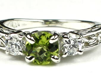 Peridot w/ Two 4mm CZ Accents, 925 Sterling Silver Engagement Ring, SR254