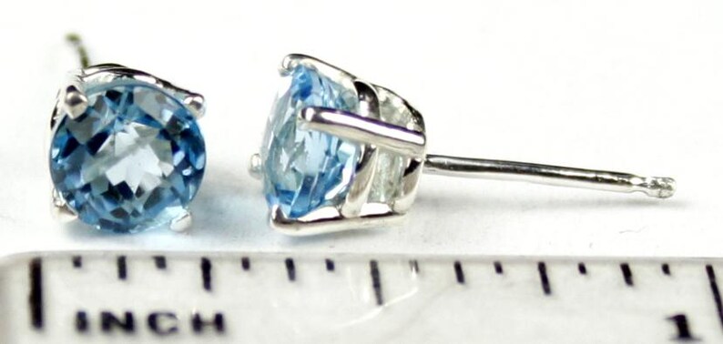 Swiss Blue Topaz Sterling Silver Post Earrings (Round 6mm Prong Set) SE012 image 5