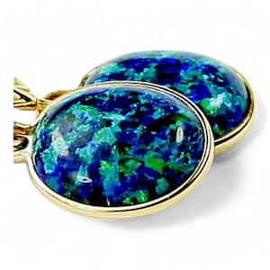 Created Blue Green Opal, 14KY Gold Leverback Earrings, E101