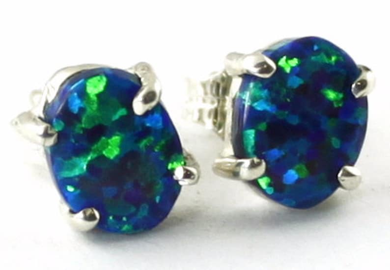 SE002C Created BlueGreen Opal 925 Sterling Silver Post Earrings