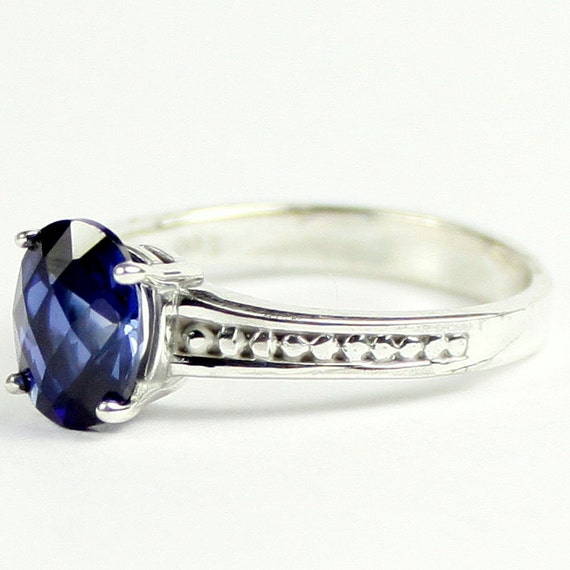 Created Blue Sapphire, 925 Sterling Silver Ladies Ring