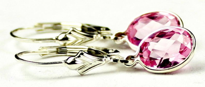 Created Pink Sapphire, 925 Sterling Silver Leverback Earrings, SE001 image 4