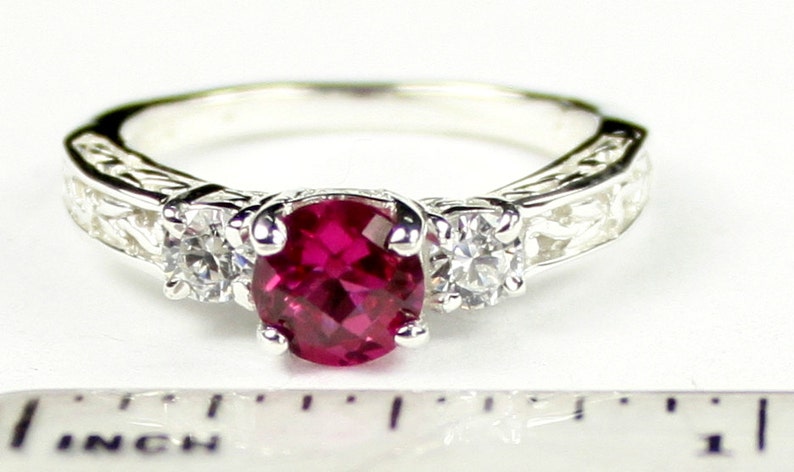 Created Ruby w Two 4mm CZ Accents SR254 925 Sterling Silver Engagement Ring