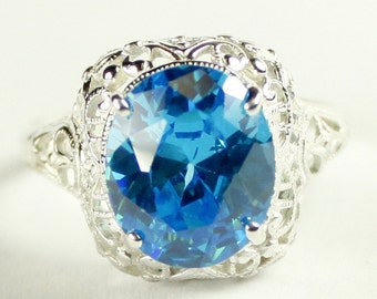 Swiss Blue CZ, 925 Sterling Silver Antique Style Filigree Ring, SR009