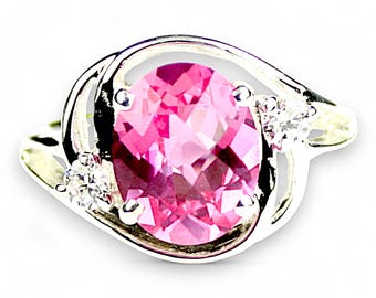 Pink Sapphire Sterling Silver Ring, Oval 10x8mm Checkerboard Cut, CZ Accents SR021
