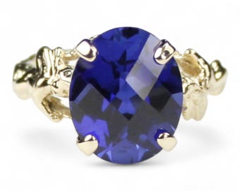 Stworzony niebieski szafir, 14-karatowy żółty pierścionek anioła ze złota, 154 R