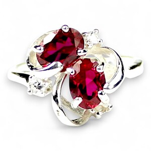 Sterling Silver Ruby Cluster Ring, Oval 7x5mm Gemstones, CZ Accents SR016