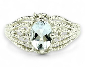 Sterling Silver Oval Aquamarine Ring, Beaded Design, 8x6mm Gemstone SR365