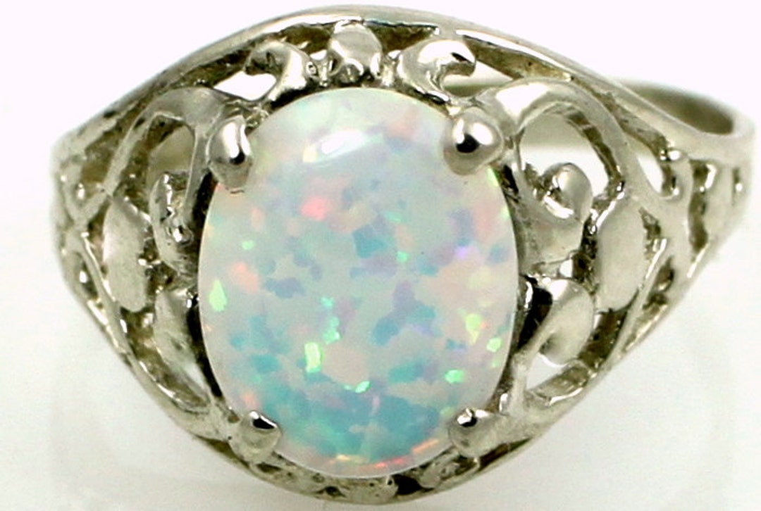 Men's 925 Sterling Silver Created White Opal Ring – Oval 10x8mm – Handmade SR168