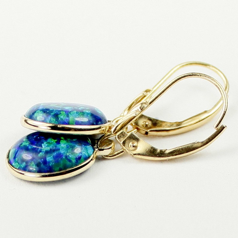 Created Blue Green Opal 14KY Gold Leverback Earrings E101 Etsy