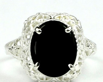 Black Onyx, 925 Sterling Silver Antique Style Filigree Ladies Ring, SR009