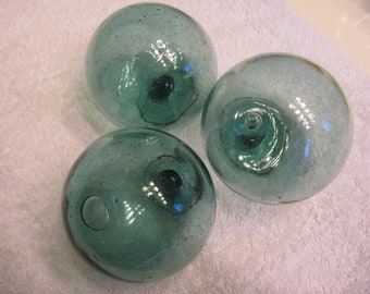 3 Vintage Japanese Glass Floats: Light Blue Green Nautical Decor (3-3.5&quot;)