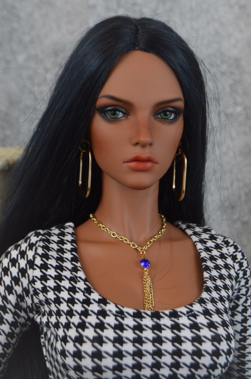 Doll Gold Rounded Rectangle Hoop Blue Stone Chain Tassel Necklace Jewelry  Set Iplehouse EID HID sd BJD 1/3