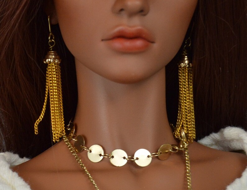 Doll Gold Jewelry Set Tassel Earrings 2 Necklaces Round Circle 3 piece Iplehouse EID HID sd BJD 13