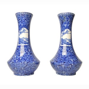 Pair of Lewis Woolf Vases / Rhein Pattern, Blue & White / Antique, circa 1860