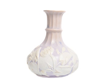 Sam Alcock &quot;Water Lily&quot; Vase / White on Lavender / Antique 1850 / Parian ware flower relief