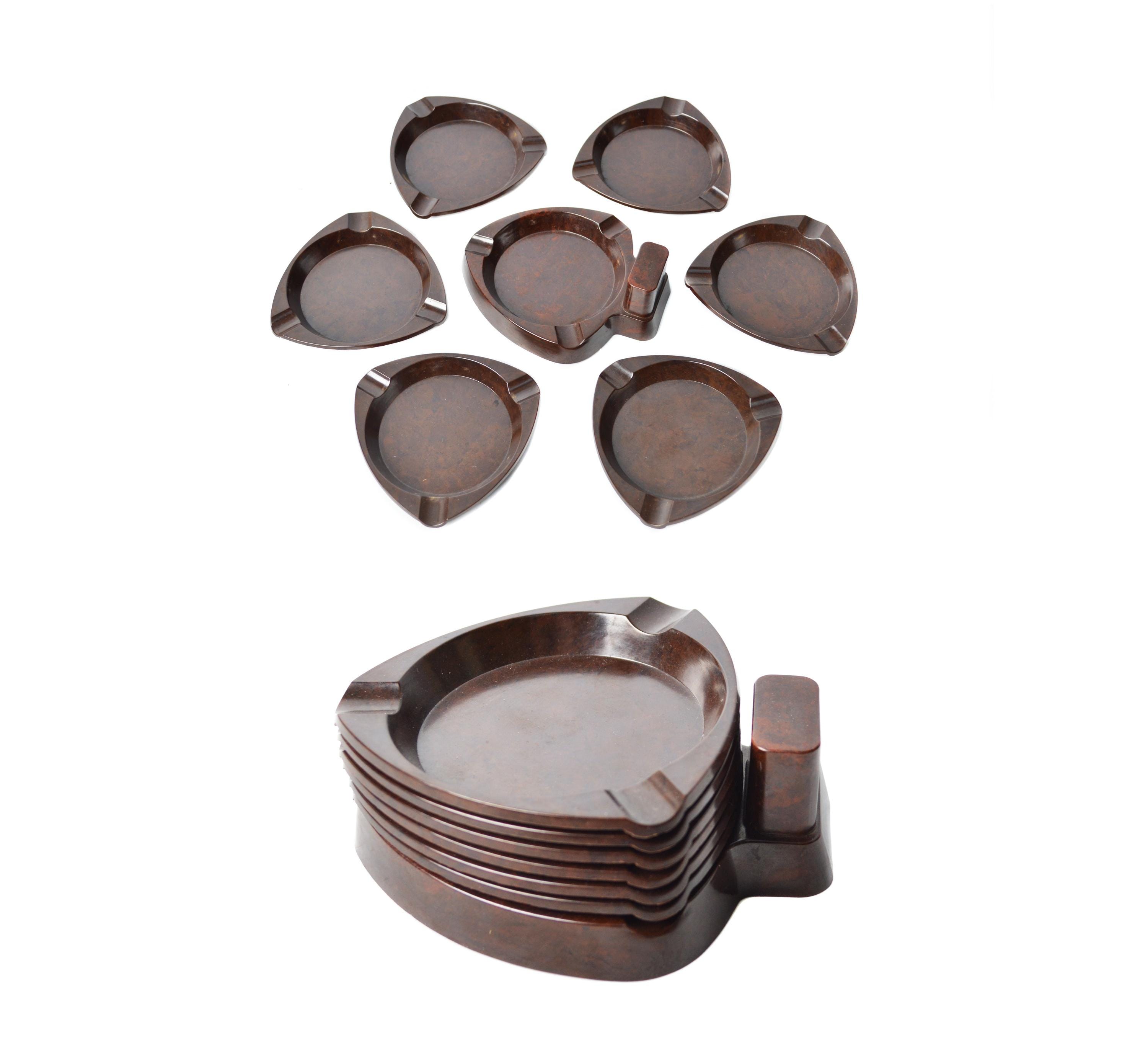 French Art Deco Brown Bakelite Stackable Ashtrays / With Matchbox