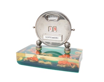 Lucite & Chrome Perpetual 'Mistral' Calendar / Vintage French Desk Deco / Seascape: Sea Shells and Fish, 1940's