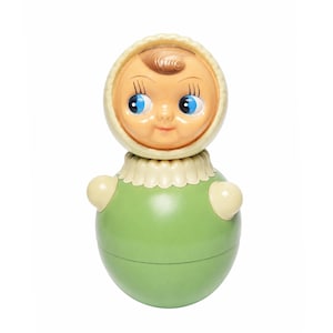 Vintage USSR Nevalyashka Roly-Poly Musical Tumbler / Rare Mint Green / Celluloid Wobble Toy / Soviet Union, 1970s–1980s