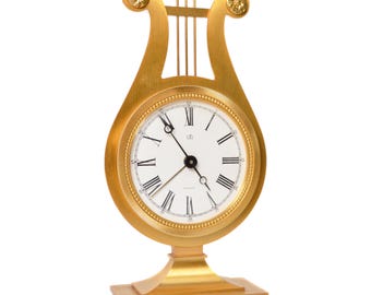 Luxurious UTI Lyre Clock / Brushed Brass / Alarm / France, 1980&#39;s